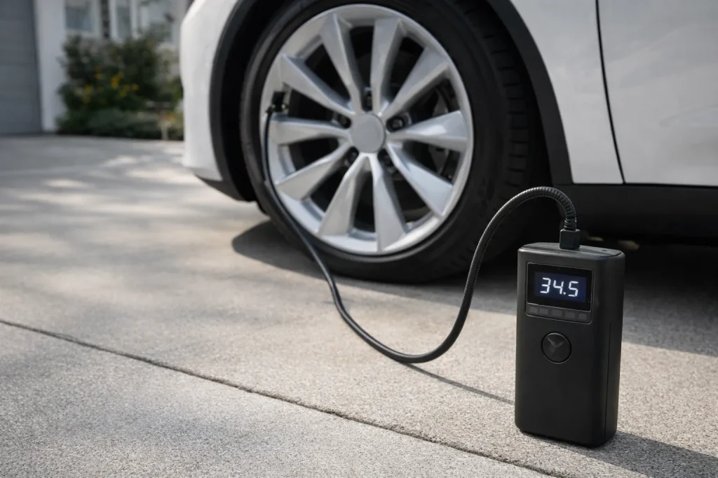 Checking and inflating electric vehicle tires with a digital pressure gauge