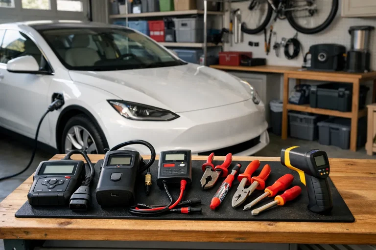 Essential maintenance and diagnostic tools for electric vehicle owners in a home garage