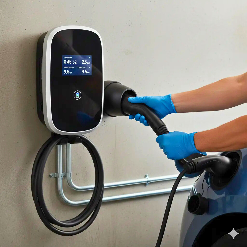 Level 2 EV charging station installed in residential garage with electric vehicle plugged in during overnight charging session