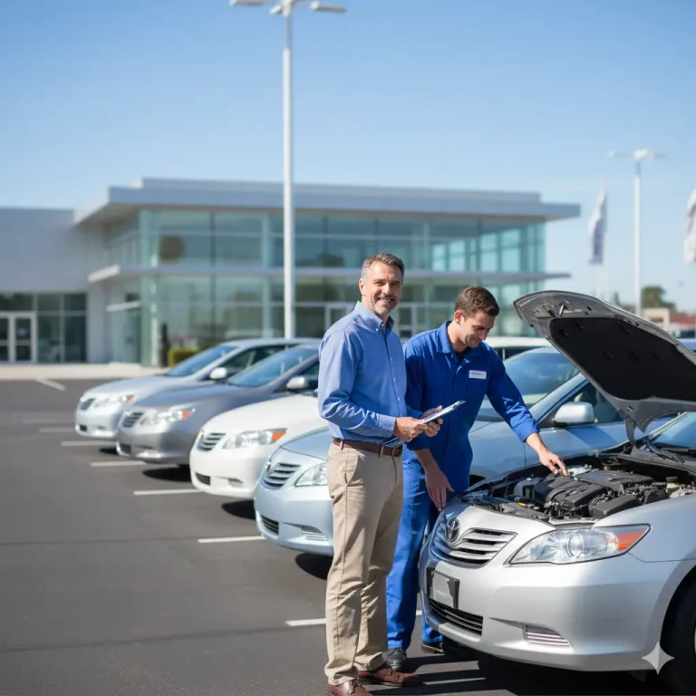 Smart shopper reviewing a used car with an inspection checklist at a dealership