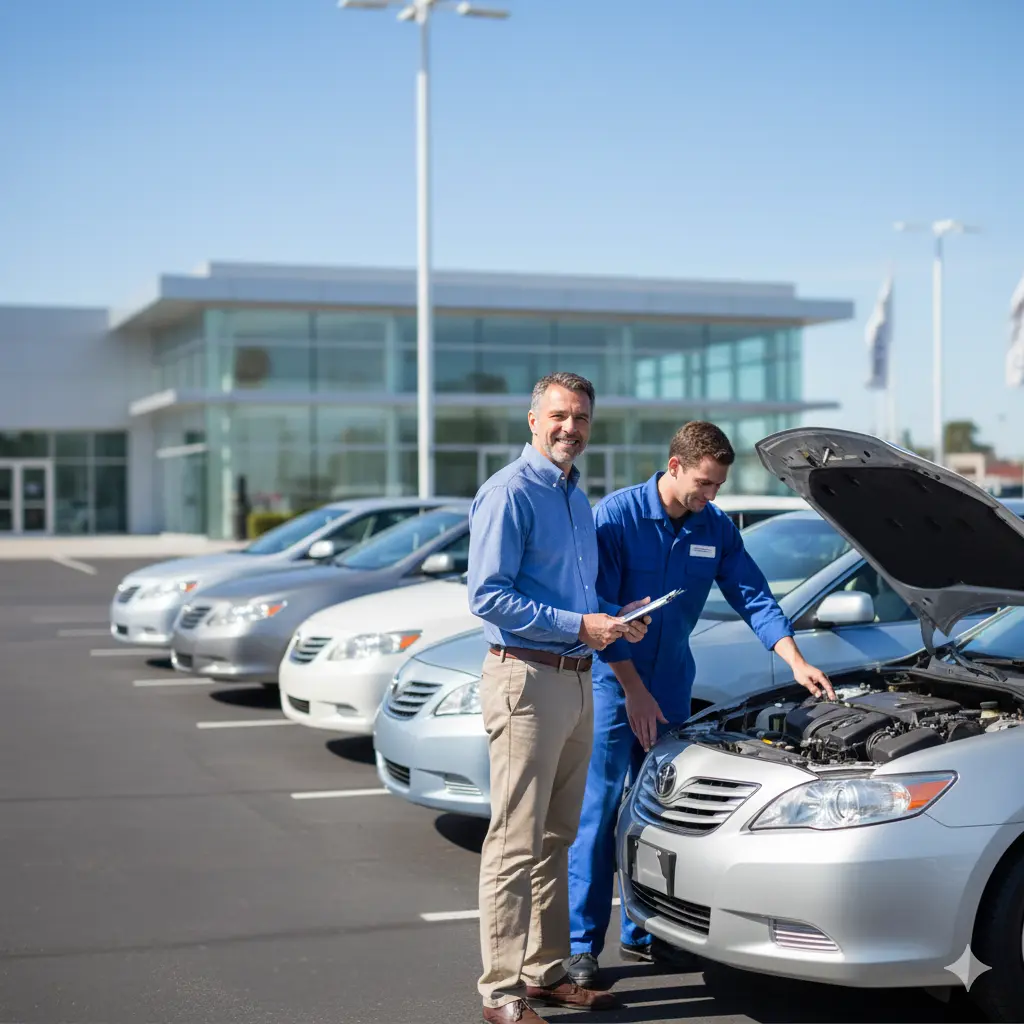 Smart shopper reviewing a used car with an inspection checklist at a dealership