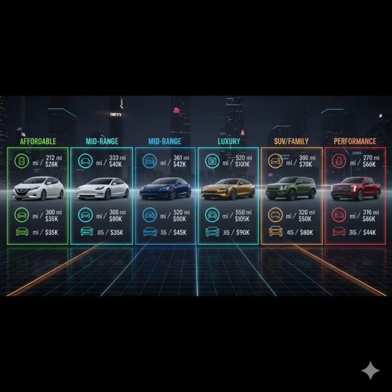 Infographic lineup of top electric vehicles by category, showing affordable, mid-range, luxury, SUV, truck, and performance EVs with range and price icons.