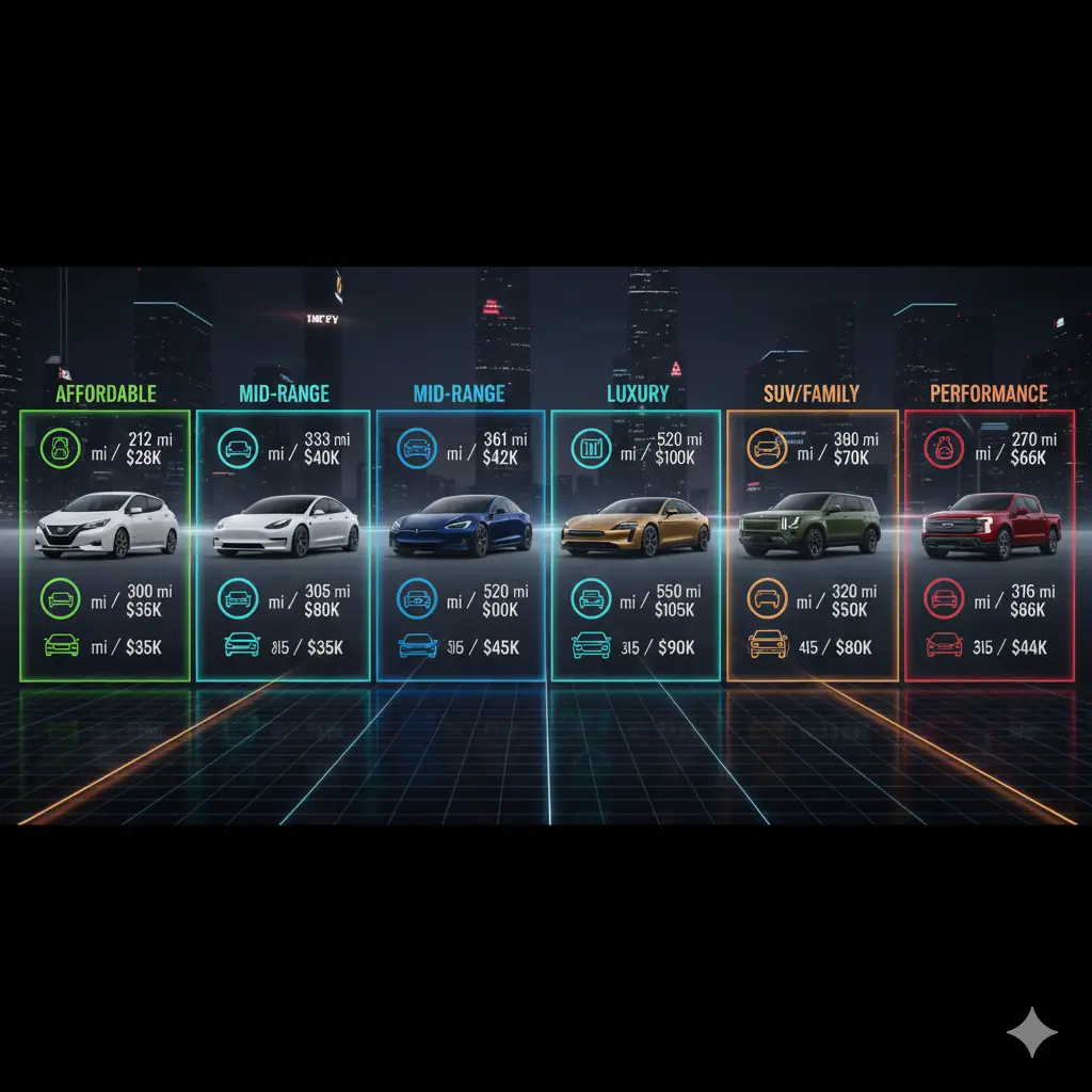 Infographic lineup of top electric vehicles by category, showing affordable, mid-range, luxury, SUV, truck, and performance EVs with range and price icons.