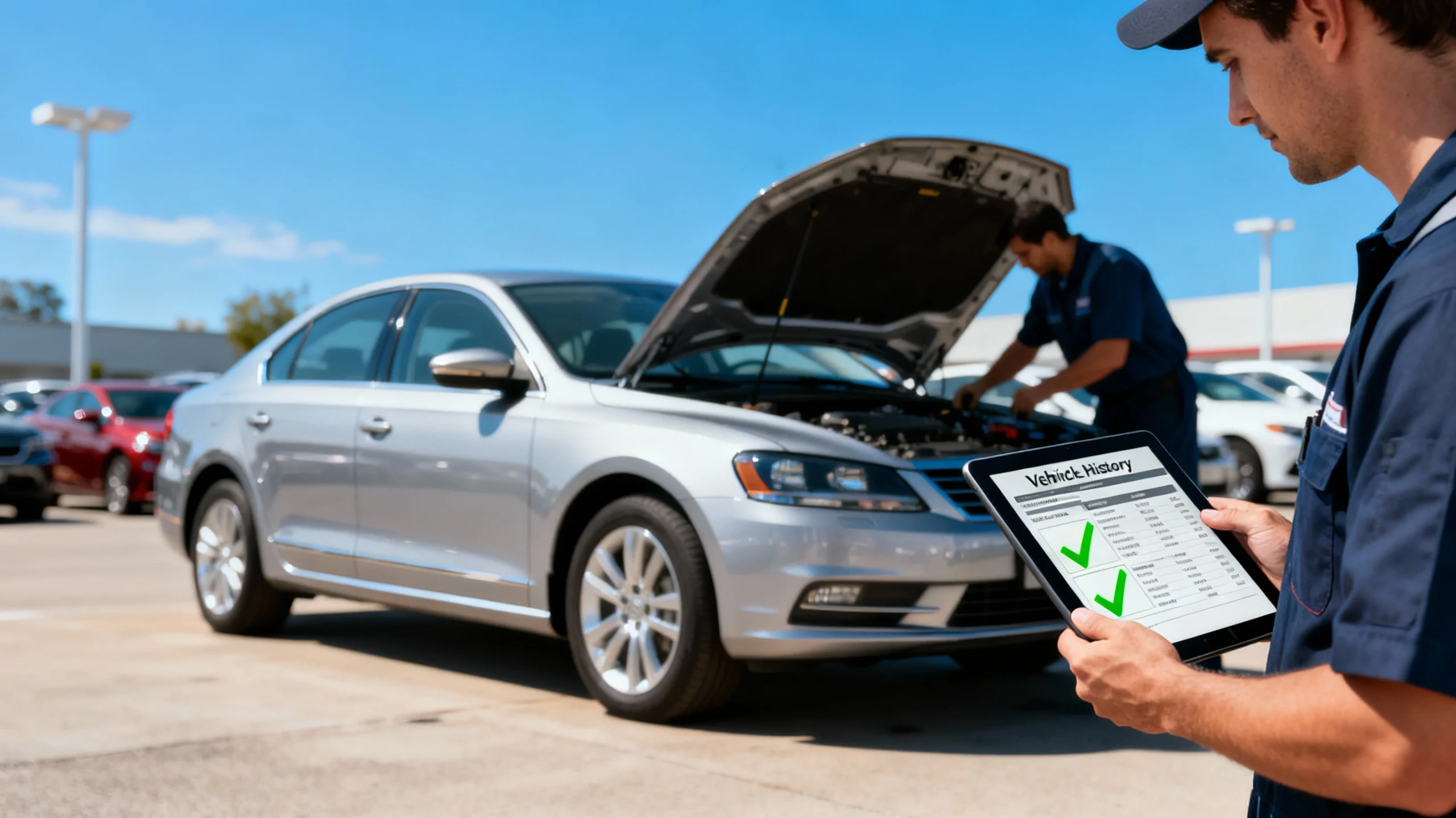 Vehicle history report check on a tablet held by a mechanic inspecting a used car