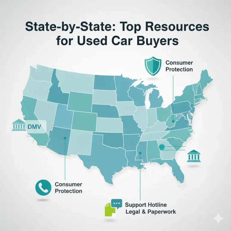 Map of USA with icons showing state DMV and consumer protection resources for used car buyers