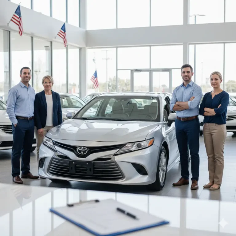 Used car buyers comparing vehicles at a dealership with a checklist – complete used car buying guide by state