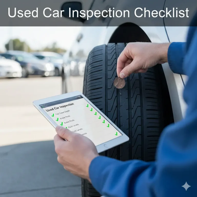 Mechanic holding an inspection checklist while checking a used car engine under the hood
