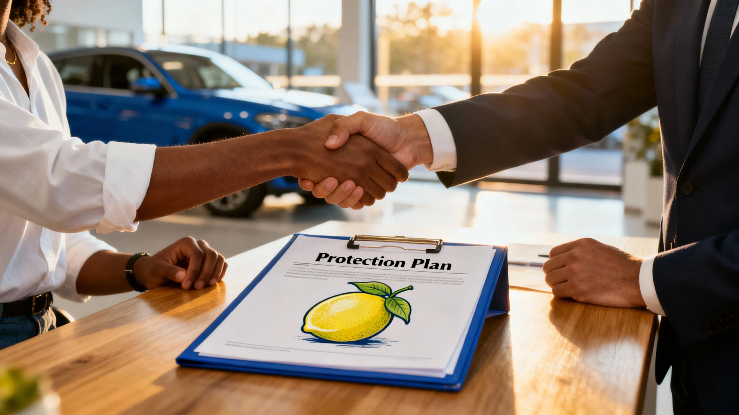 Used car buyer shaking hands with dealer, holding warranty documents – Lemon Law and Warranty Guide