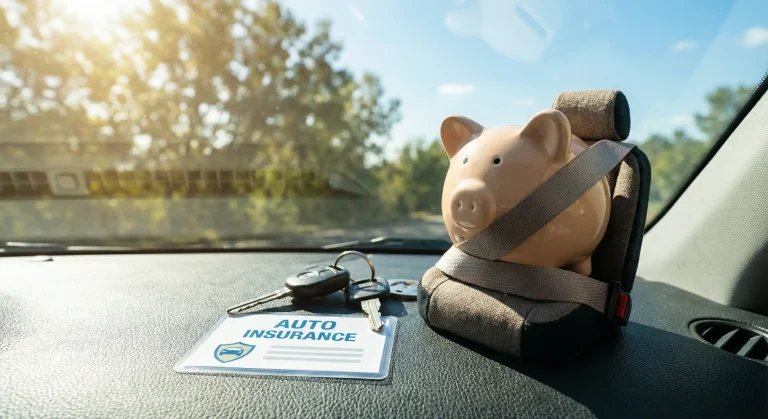 Un tirelire en forme de cochon attachée avec une ceinture de sécurité sur le siège avant d’une voiture, posée à côté d’une carte indiquant « Auto Insurance » et de clés de voiture.
