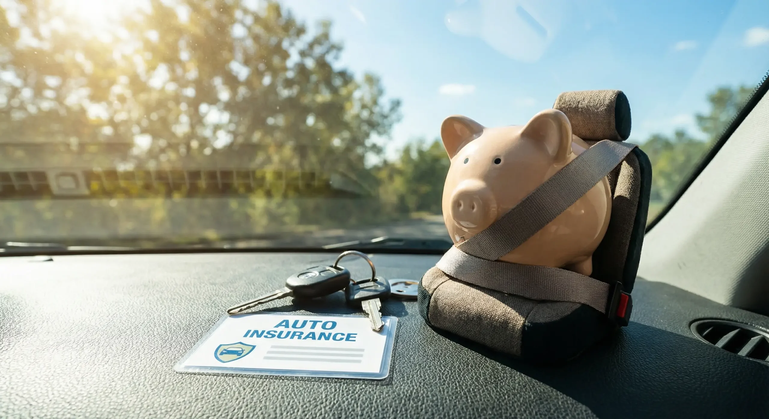 Un tirelire en forme de cochon attachée avec une ceinture de sécurité sur le siège avant d’une voiture, posée à côté d’une carte indiquant « Auto Insurance » et de clés de voiture.
