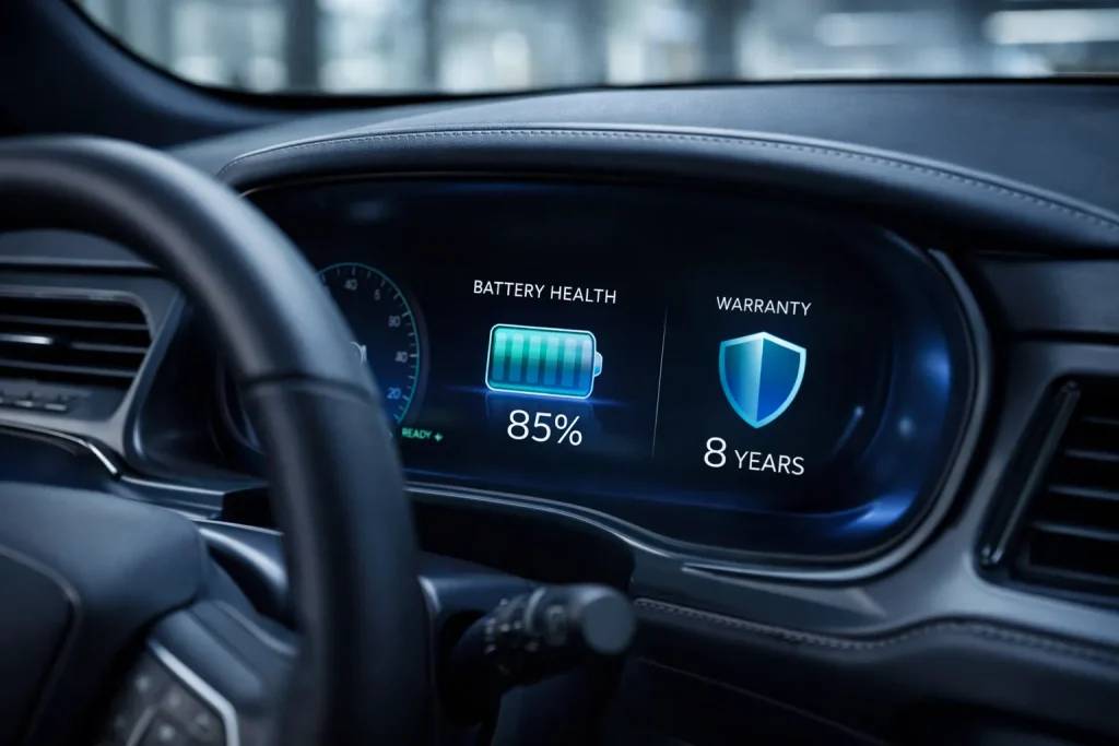 EV battery health display showing capacity retention and warranty coverage