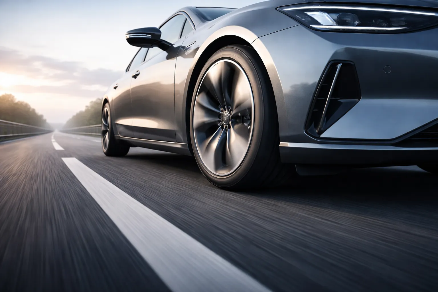 Low-rolling-resistance tires on an electric vehicle for quiet and long-range driving