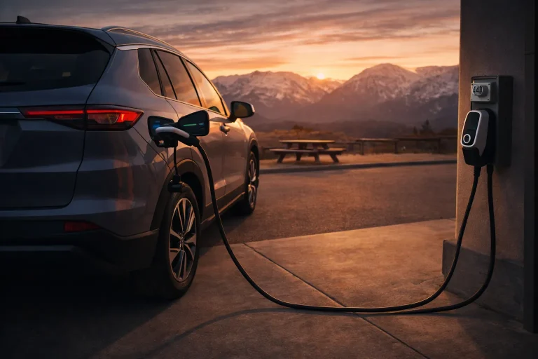 Portable Level 2 EV charger used during a U.S. road trip at a highway rest area