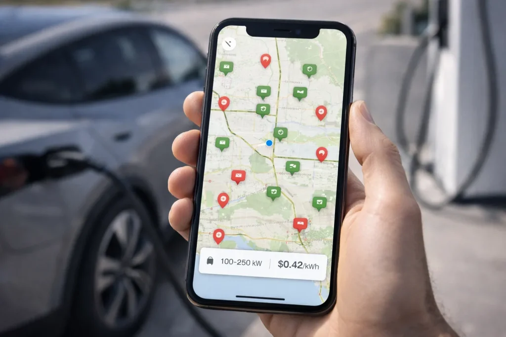 EV charging app showing real-time station availability and pricing