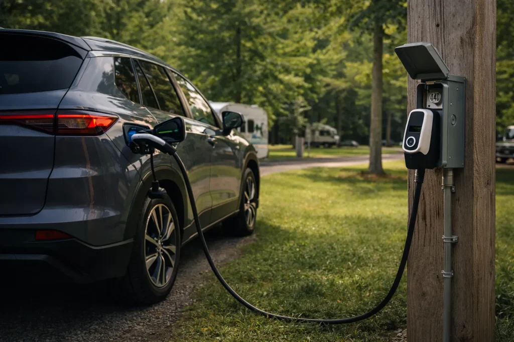 Electric vehicle charging at an RV park using a portable Level 2 charger and 240-volt outlet