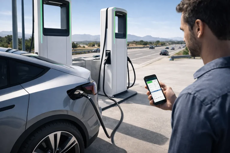 Public DC fast-charging station in the U.S. with EV driver using a mobile charging app