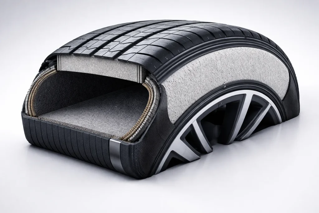 Acoustic foam inside an EV tire for reduced road noise