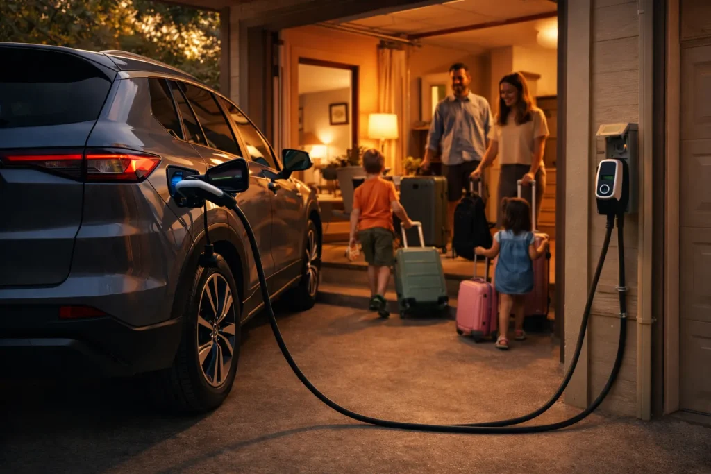 Portable EV charger used at a vacation rental to recharge an electric car overnight