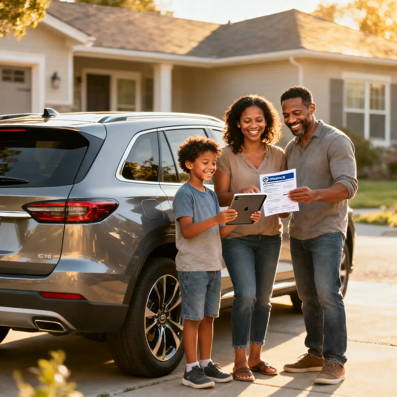 African American family of three reviewing car insurance documents on tablet in driveway next to their SUV in front of suburban home during golden hour