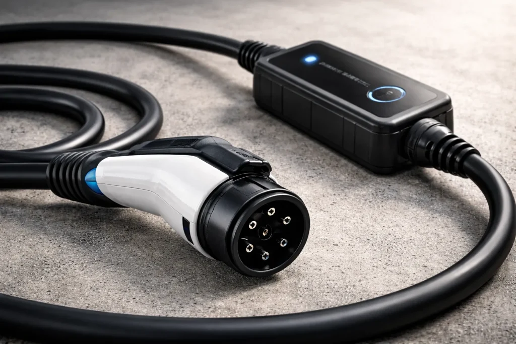 UL-certified portable EV charger with thermal protection and heavy-duty cable