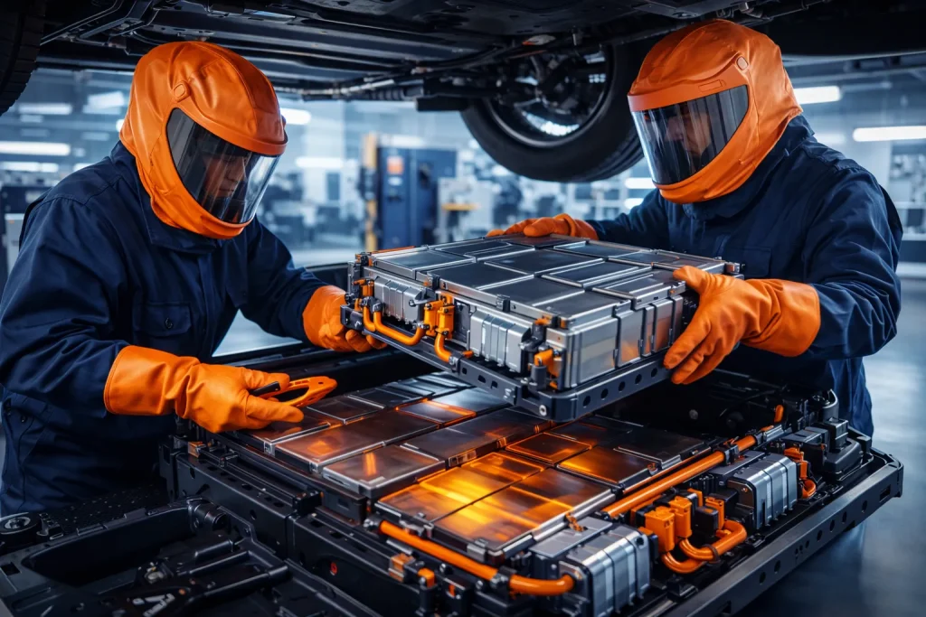 Technicians performing electric vehicle battery module replacement in a service center