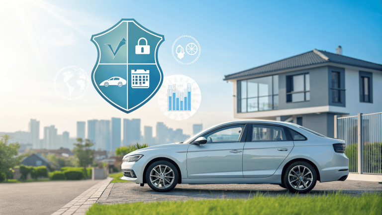 Integrated auto and home insurance concept showing a car and house connected to a digital security shield with financial and planning icons.