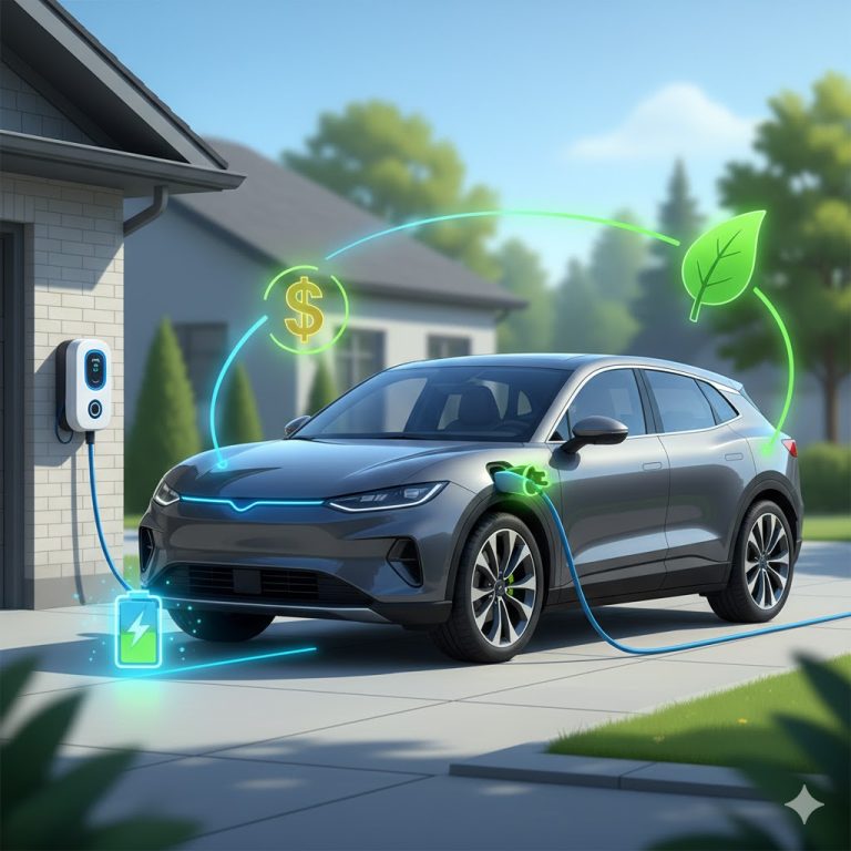 Modern electric car parked at a public charging station with futuristic city skyline in the background representing a complete guide to electric vehicles