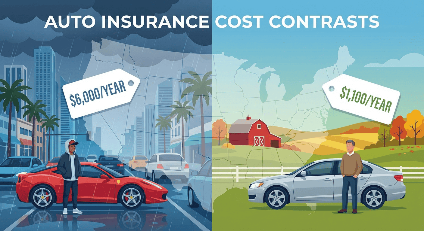 A split-screen illustration comparing auto insurance costs in two regions: a rainy urban city with a red sports car showing a $6,000 yearly premium, and a rural countryside scene with a gray sedan showing a $1,100 yearly premium.