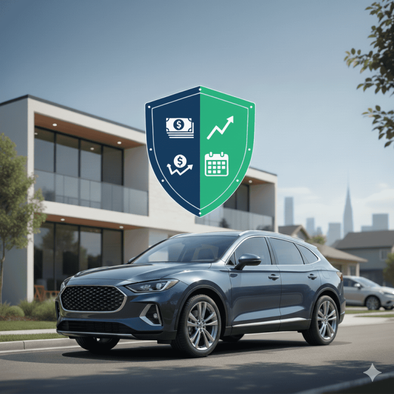 A dark blue SUV parked on a suburban street in front of modern homes, with a stylized shield graphic floating above the car showing icons related to money, growth, and scheduling.