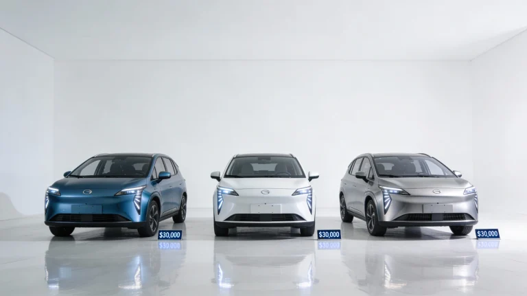"Three affordable electric vehicles under 30K in professional showroom"