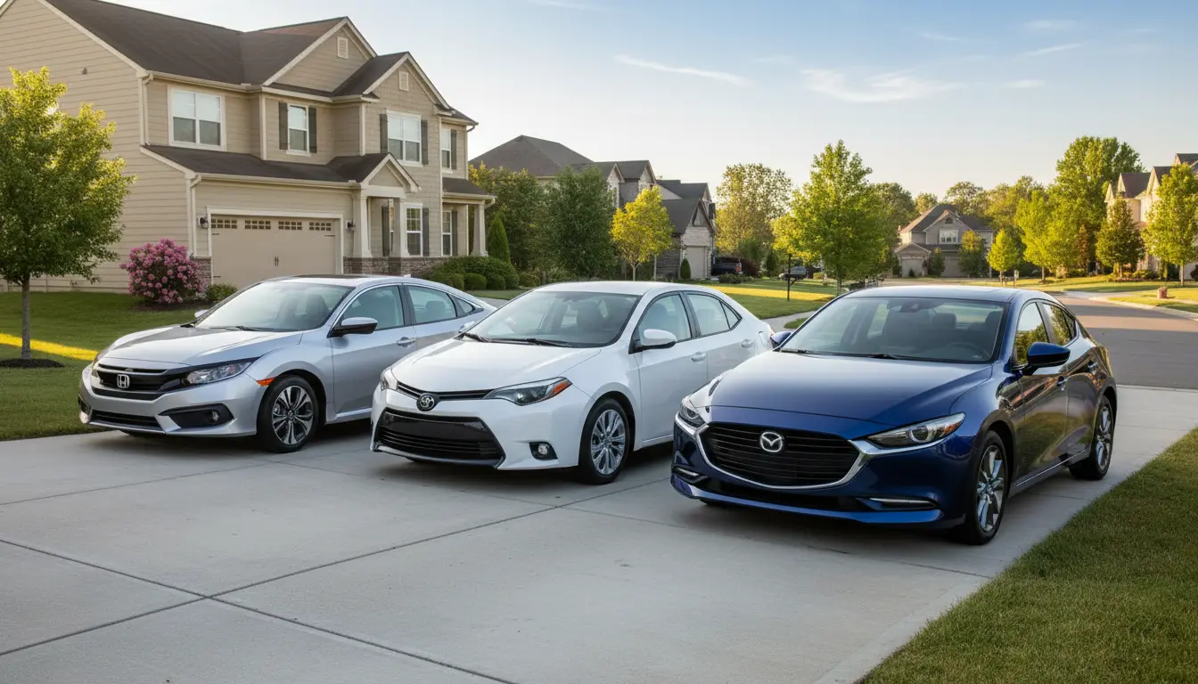 Best reliable used cars under $15k parked in a driveway: Honda Civic, Toyota Corolla, and Mazda3