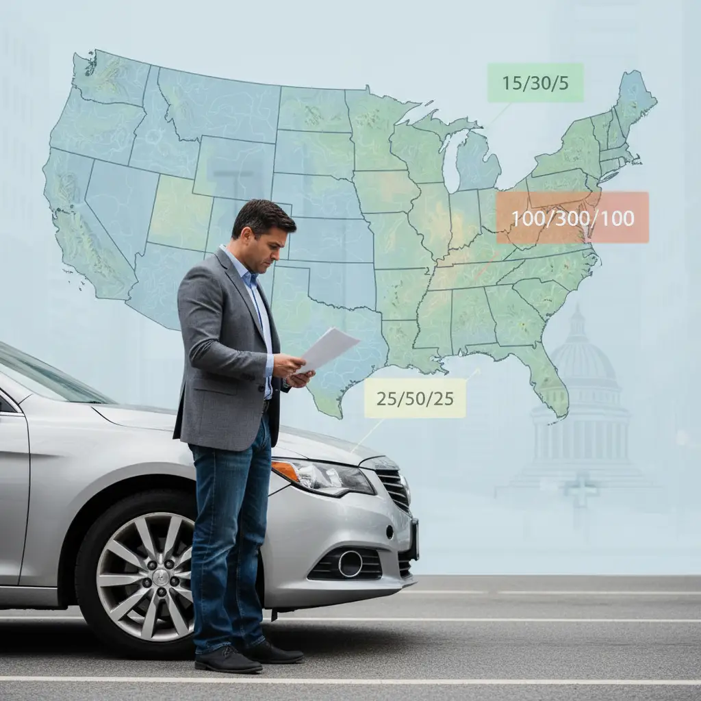 A man standing next to a car while reviewing documents, with a map of the United States behind him showing different car insurance minimum coverage levels by state.