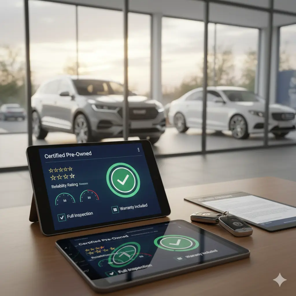 Comprehensive used car buying guide checklist featuring digital history report, car keys, and certified pre-owned vehicle at a dealership.