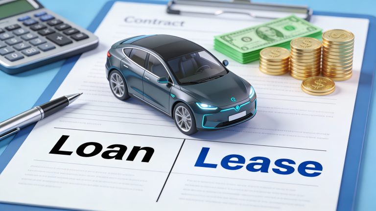Financing and leasing options for electric vehicles showing loan versus lease decisions for EV buyers