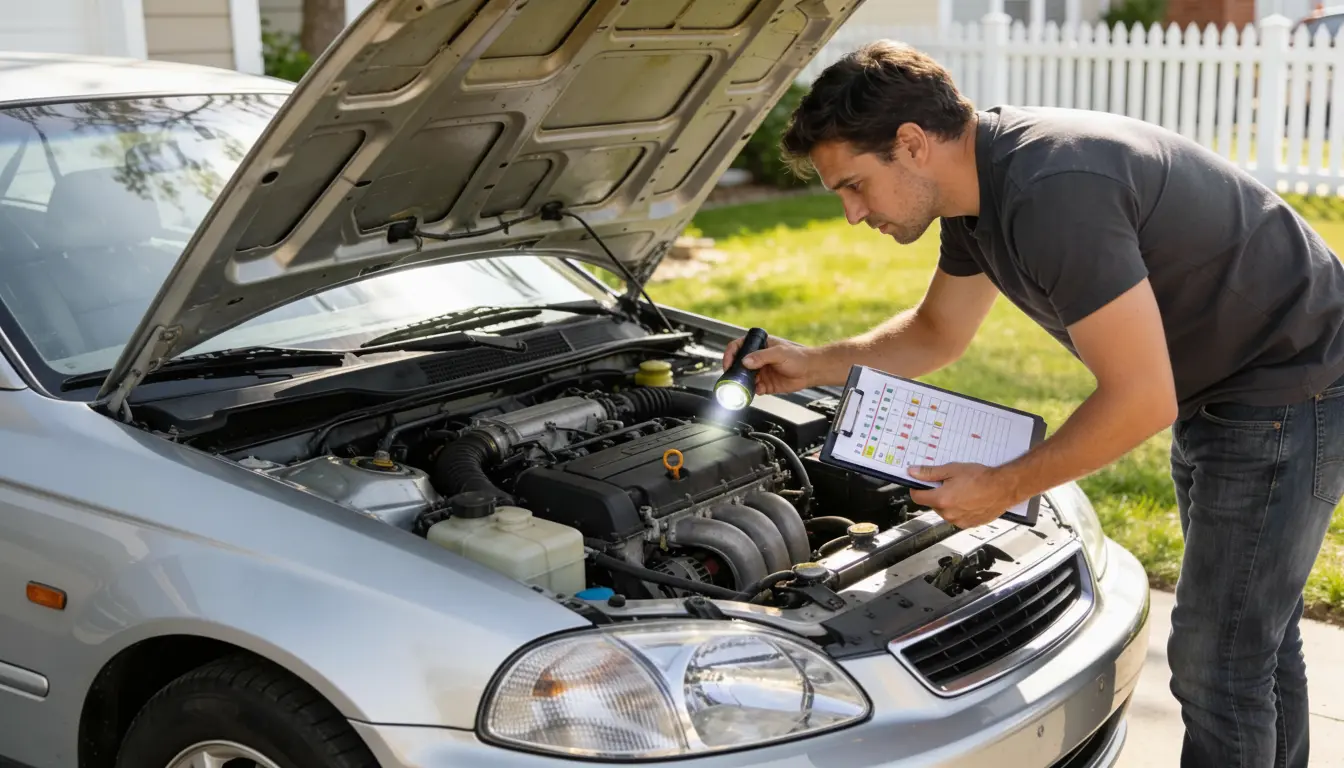 A person inspecting a used car engine with a clipboard and flashlight in a sunny outdoor setting