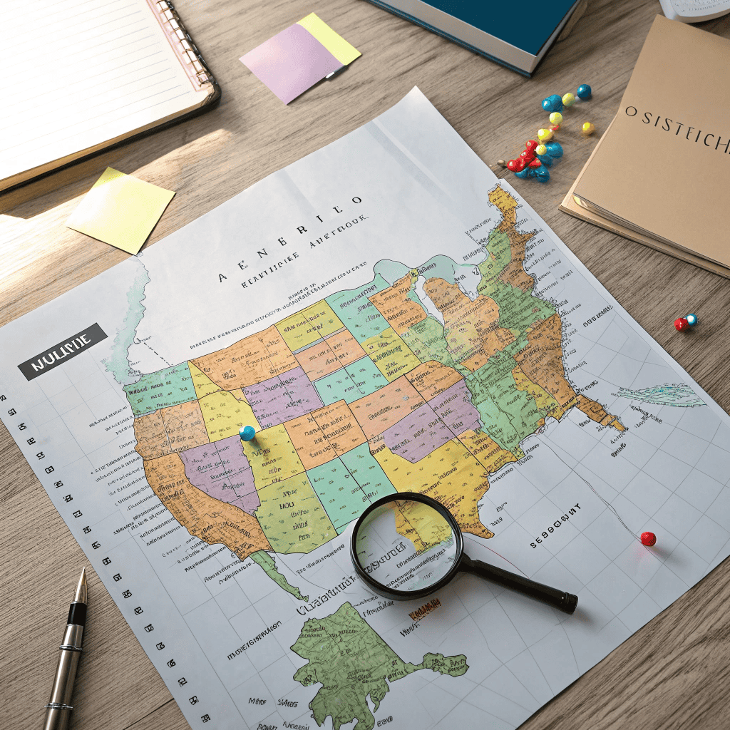 US map with colored pins marking high-risk areas, insurance documents, and sticky notes for California risk areas and Florida hurricane policy review