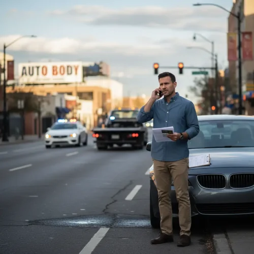 Driver standing next to a damaged car after an accident, talking on the phone while police and a tow truck are visible in the background.