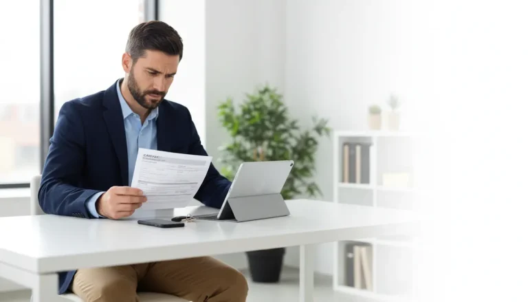Person reviewing a vehicle history report on paper next to a laptop, with car keys on a desk before buying a used car.