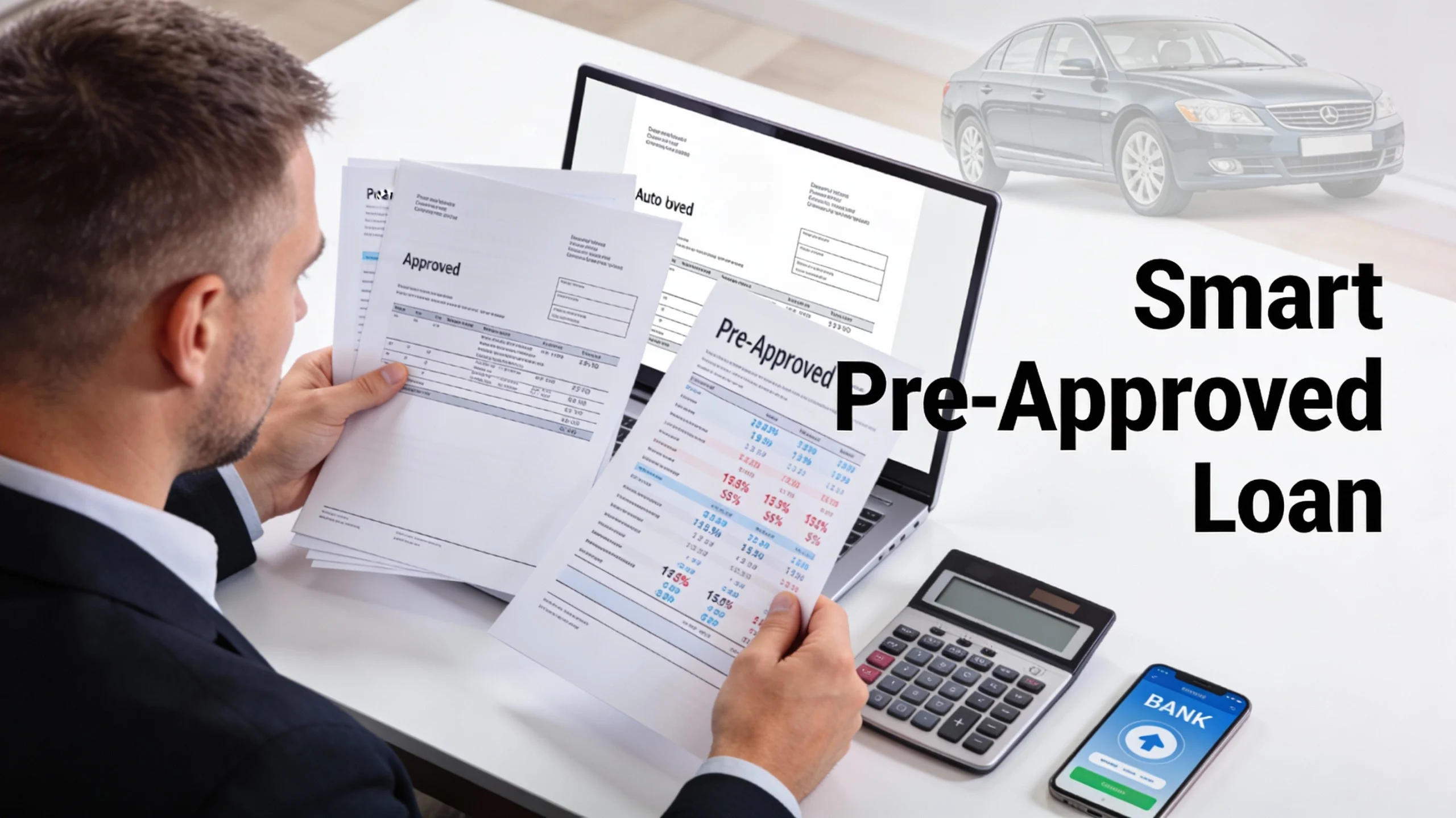 Comparing used car loan rates and pre-approval offers on laptop and documents before buying