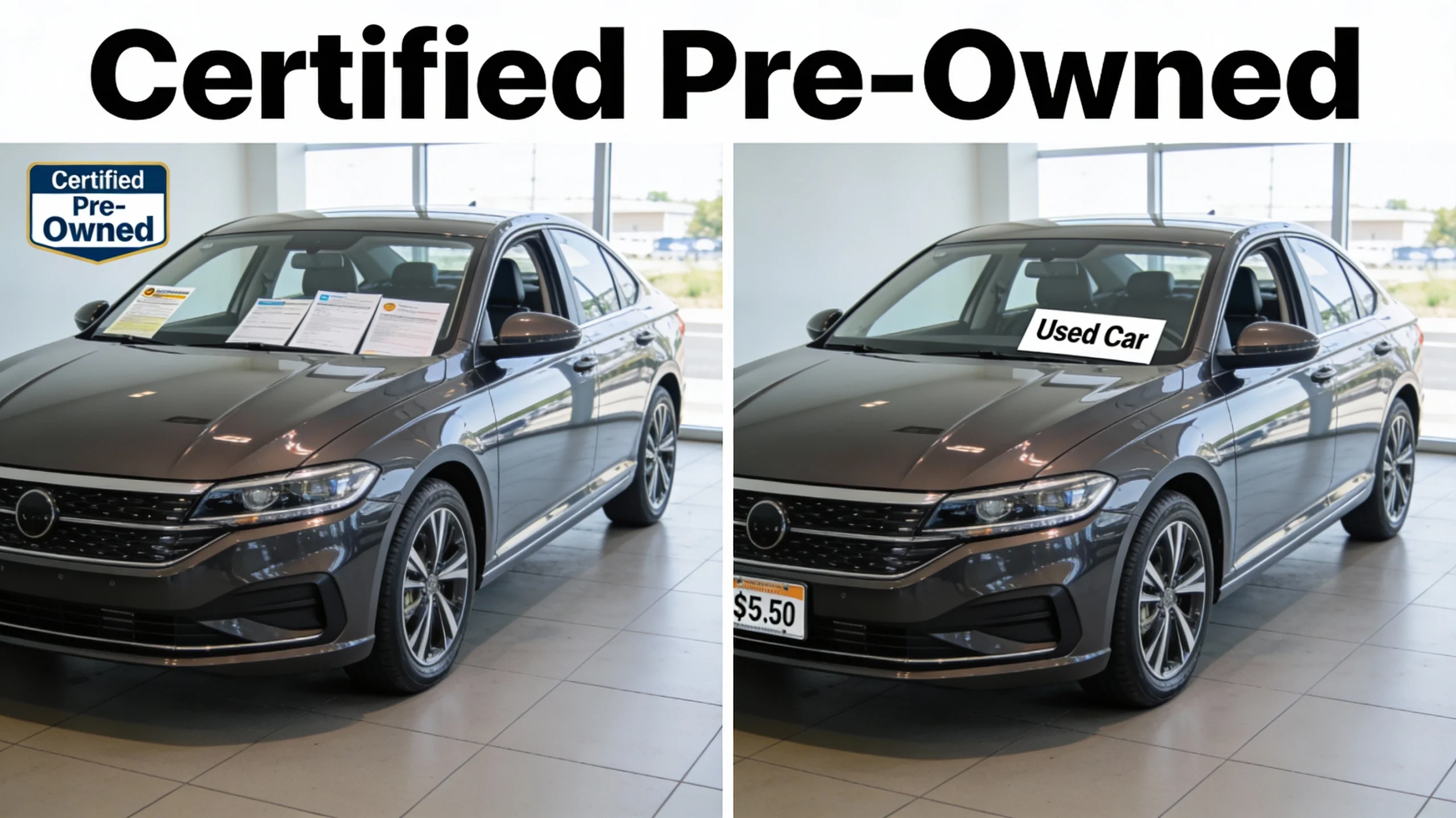 Side-by-side comparison of certified pre-owned car with warranty documents and standard used car with lower price tag