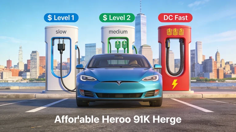 Budget electric car plugged into home Level 2 EV charger in a garage, showing affordable charging infrastructure