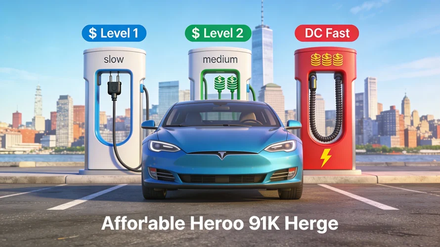Budget electric car plugged into home Level 2 EV charger in a garage, showing affordable charging infrastructure