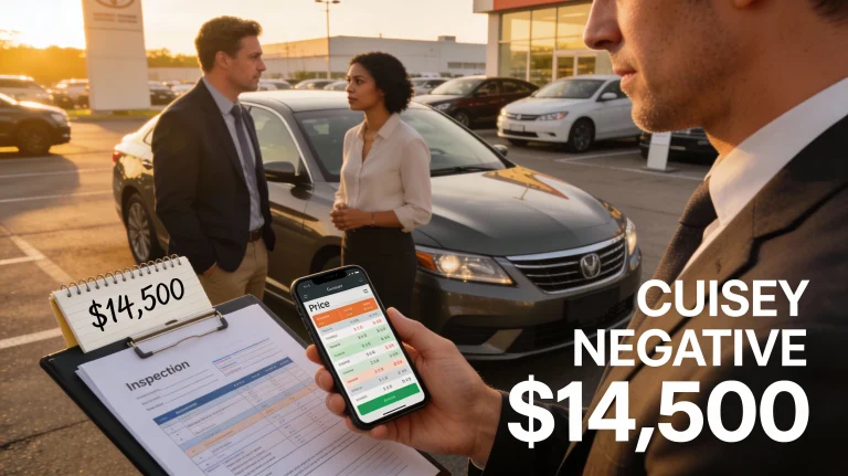 Buyer negotiating used car price with dealer using market research data on smartphone