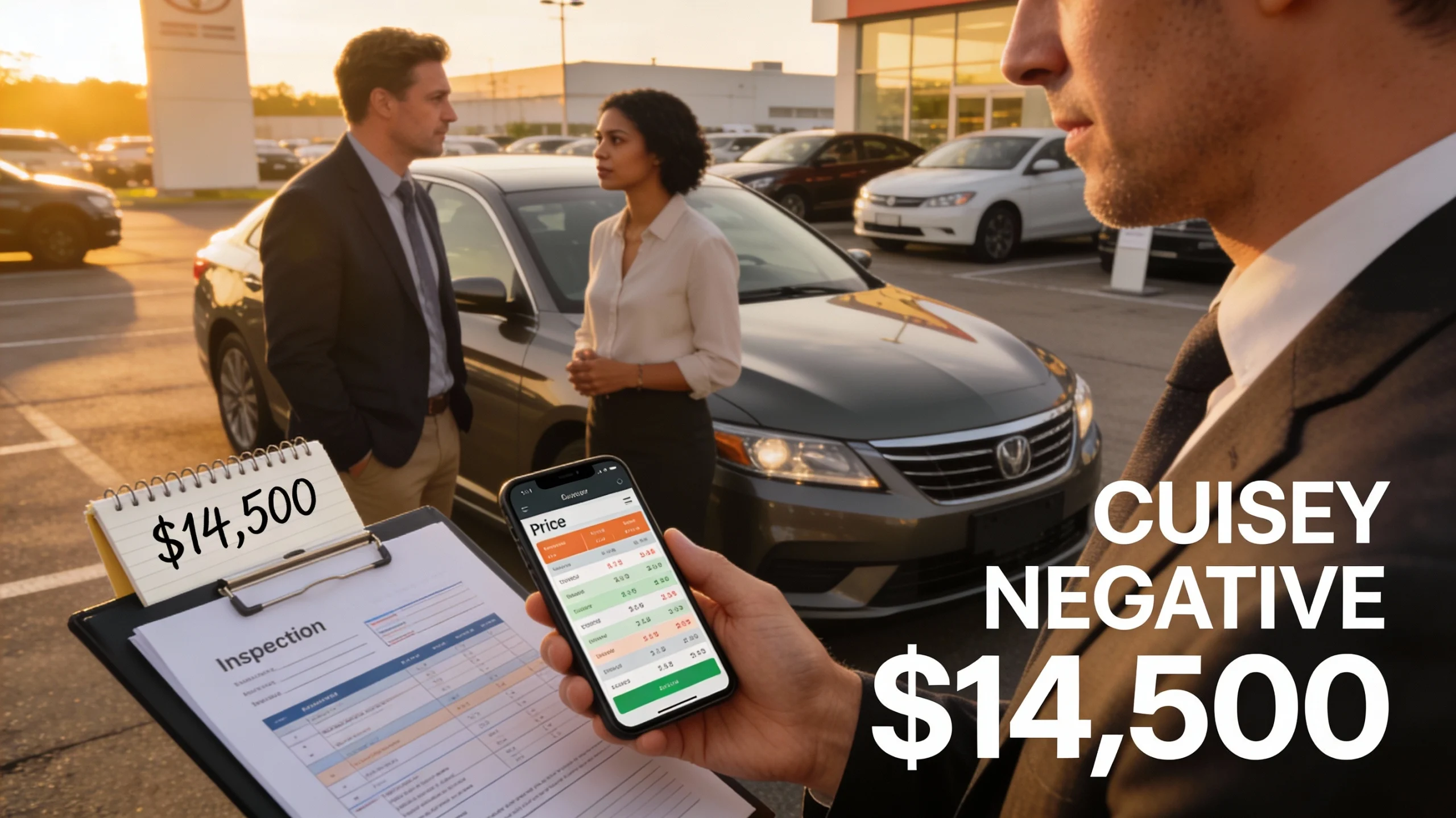 Buyer negotiating used car price with dealer using market research data on smartphone