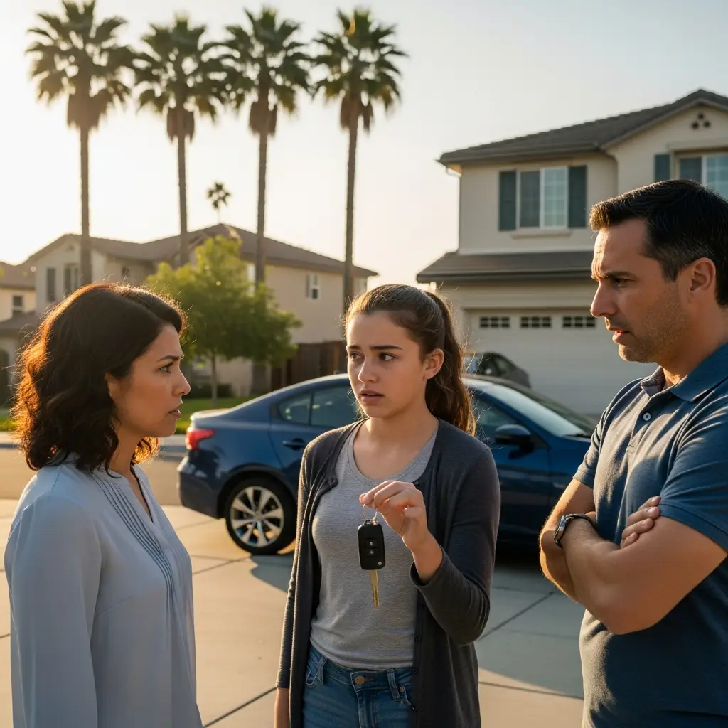 California suburban family discussing car insurance options, teenage girl holding car keys, parents concerned, compact sedan parked in driveway at golden hour.