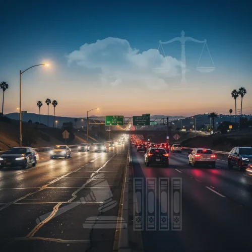 Busy American highway at dusk with cars traveling in both directions, illuminated by headlights and streetlights, symbolizing modern U.S. Road traffic and auto insurance risk.