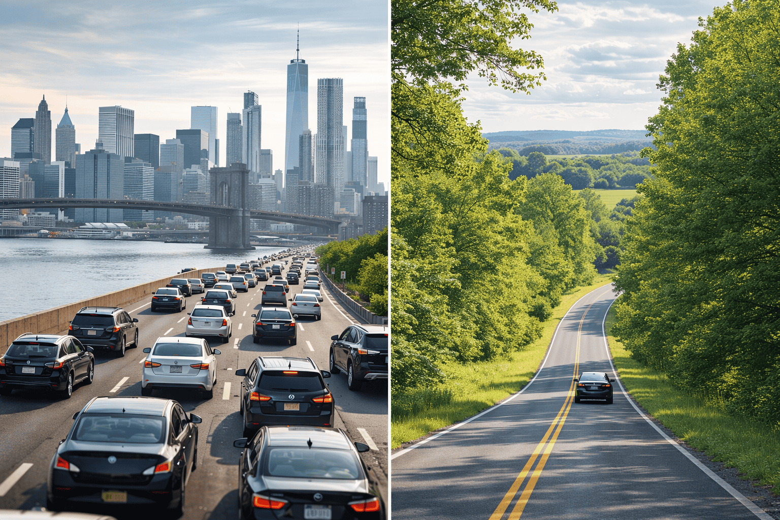 Visual comparison between Manhattan's dense urban traffic and upstate New York's rural roads illustrating insurance premium variations.
