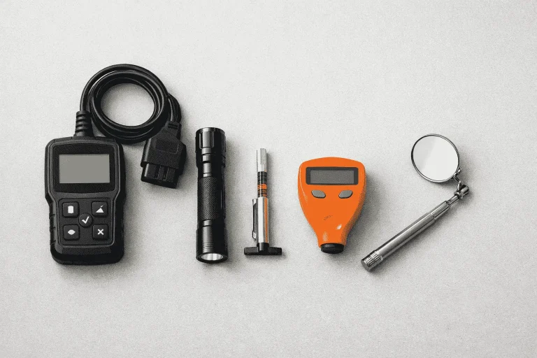 DIY used car inspection kit with OBD-II scanner, flashlight, tire tread gauge, and paint thickness meter