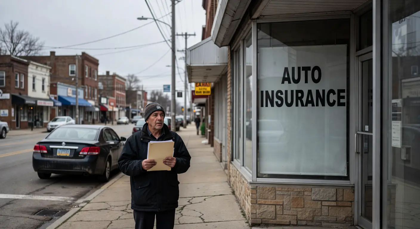 A Detroit driver holding auto insurance papers outside a local insurance office.