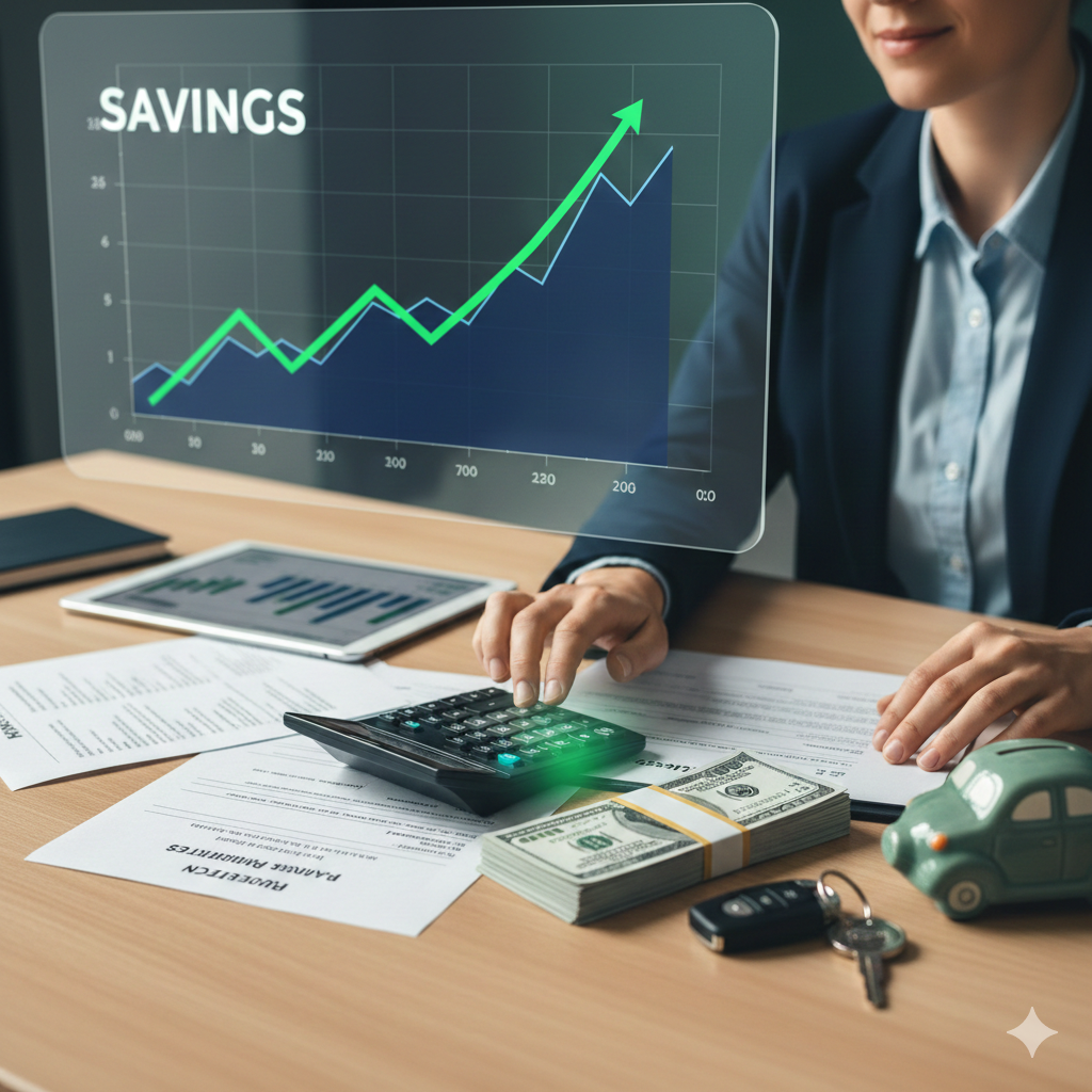 Person calculating 20 percent down payment for used car purchase